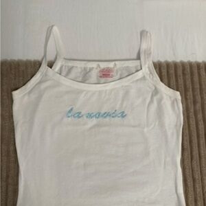 White Tank Top with Blue Embroidery “La Novia”